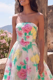 Daffodil Pink Flower A-Line Strapless Maxi Wedding Guest Dress