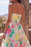 Daffodil Pink Flower A-Line Strapless Maxi Wedding Guest Dress