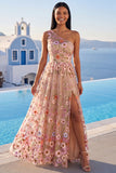 One Shoulder Champagne A-Line Embroidered Maxi Floral Wedding Guest Dress with Slit