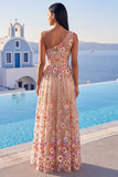 One Shoulder Champagne A-Line Embroidered Maxi Floral Wedding Guest Dress with Slit