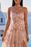 One Shoulder Champagne A-Line Embroidered Maxi Floral Wedding Guest Dress with Slit