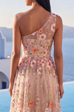 One Shoulder Champagne A-Line Embroidered Maxi Floral Wedding Guest Dress with Slit