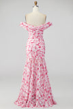 Off the Shoulder A Line Pink Floral Maxi Dress with Slit