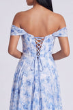 Off The Shoulder Blue Floral A Line Formal Dress with Slit