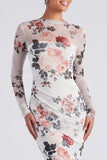 Ivory Floral Boat Neck Mermaid Long Sleeve Formal Dress