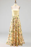 Strapless Yellow A Line Maxi Floral Dress with Scarf