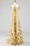 Strapless Yellow A Line Maxi Floral Dress with Scarf