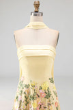 Strapless Yellow A Line Maxi Floral Dress with Scarf