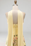 Strapless Yellow A Line Maxi Floral Dress with Scarf
