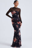 Black Floral Illusion Neck Mermaid Long Sleeve Formal Dress