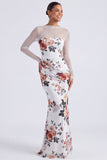 Black Floral Illusion Neck Mermaid Long Sleeve Formal Dress