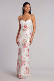 Ivory Floral Spaghetti Straps Sequin Mermaid Formal Dress