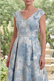 A-Line Blue V-Neck Floral Jacquard High Low Mother Of the Bride Dress with Cap Sleeves