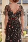 A-Line Black V-Neck Floral Tulle Long Mother Of the Bride Dress with Flutter Sleeves
