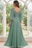 Sage Green A-Line Chiffon V-Neck Floral Long Mother Of the Bride Dress