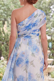 Chiffon White Blue Flower One Shoulder Ruched Long Mother Of the Bride Dress with Sash