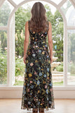Black Tulle A-Line V-Neck Embroidered Long Mother Of the Bride Dress with Slit