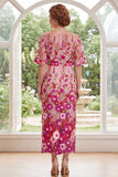 Fuchsia Floral Bateau Neck Embroidered Midi Mother Of the Bride Dress with Slit