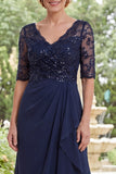 Navy V-Neck Chiffon Beaded Long Mother Of the Bride Dress with Ruffles