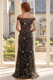 Off the Shoulder Black Tulle Floral Embroidered Long Mother Of the Bride Dress