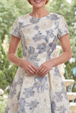 Dusty Blue Jacquard Round Neck Floral Long Mother Of the Bride Dress with Short Sleeves