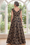 Jacquard Black A-Line V-Neck Floral Long Mother Of the Bride Dress with Slit