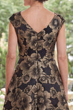 Jacquard Black A-Line V-Neck Floral Long Mother Of the Bride Dress with Slit
