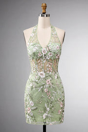 Sage Green Halter Neck Sheer Corset Bodycon Embroidered Short Formal Dress