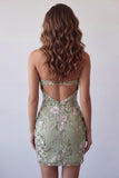 Sage Green Halter Neck Sheer Corset Bodycon Embroidered Short Formal Dress
