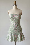 Strapless Sage Green Bodycon Embroidered Homecoming Dress with Ruffles