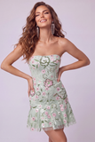 Strapless Sage Green Bodycon Embroidered Short Formal Dress with Ruffles