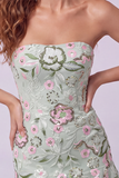 Strapless Sage Green Bodycon Embroidered Short Formal Dress with Ruffles