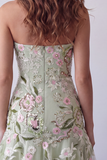 Strapless Sage Green Bodycon Embroidered Short Formal Dress with Ruffles
