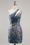 Sparkly Navy One Shoulder Bodycon Sequins Floral Short Formal Dress