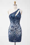 Sparkly Navy One Shoulder Bodycon Sequins Floral Homecoming Dress