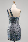 Sparkly Navy One Shoulder Bodycon Sequins Floral Short Formal Dress