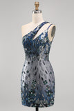 Sparkly Navy One Shoulder Bodycon Sequins Floral Short Formal Dress