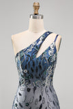 Sparkly Navy One Shoulder Bodycon Sequins Floral Short Formal Dress