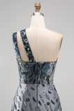 Sparkly Navy One Shoulder Bodycon Sequins Floral Short Formal Dress
