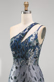Sparkly Navy One Shoulder Bodycon Sequins Floral Short Formal Dress