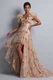 High-Low Champagne A-Line Tulle Corset Embroidered Floral Mother Of the Bride Dress