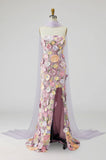 Light Purple Floral Mermaid Strapless Long Mother of the Bride Dress with Slit