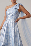 Sky Blue Floral A Line High Low Mother of the Bride Dress with Bow