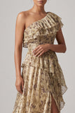 A Line Champagne Long Floral Ruffled Mother of the Bride Dress with Slit