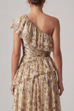 A Line Champagne Long Floral Ruffled Mother of the Bride Dress with Slit