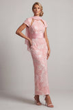Sparkly Blush Long Sheath Short Sleeves Keyhole Beaded Mother of the Bride Dress