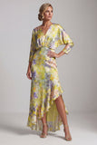 V Neck Yellow Ruffled High Low Mother Of the Bride Dress