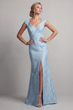 Blue Mermaid Cap Sleeve Mother Of the Bride Dress with Slit