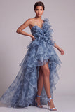 One Shoulder Dusty Blue A Line Ruffled Mother Of the Bride Dress