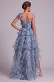 One Shoulder Dusty Blue A Line Ruffled Mother Of the Bride Dress